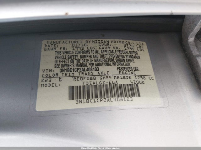 2010 Nissan Versa 1.8sl მანქანა იყიდება აუქციონზე, vin: 3N1BC1CP2AL408103, აუქციონის ნომერი: 45906954