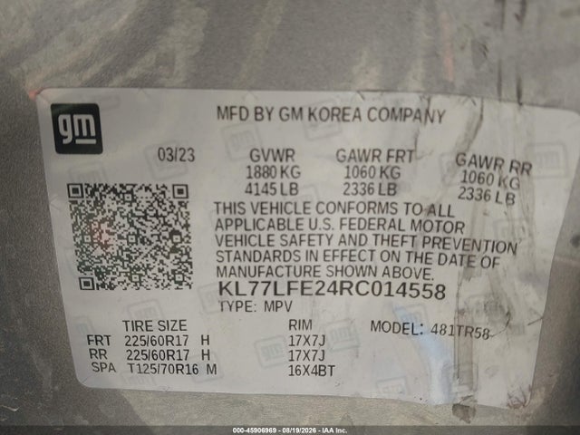 2024 Chevrolet Trax Fwd Sp მანქანა იყიდება აუქციონზე, vin: KL77LFE24RC014558, აუქციონის ნომერი: 45906969