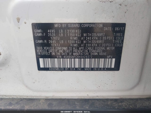 45906977 :رقم المزاد ، 4S4BSAFCXH3429372 vin ، 2017 Subaru Outback 2.5i Premium مزاد بيع