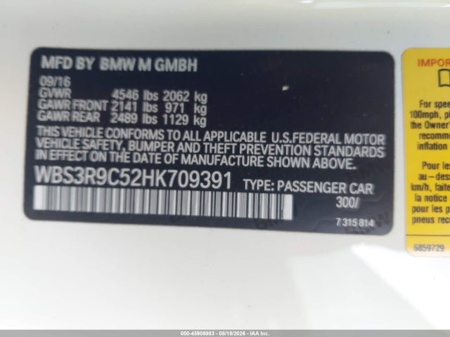 2017 Bmw M4 მანქანა იყიდება აუქციონზე, vin: WBS3R9C52HK709391, აუქციონის ნომერი: 45906983