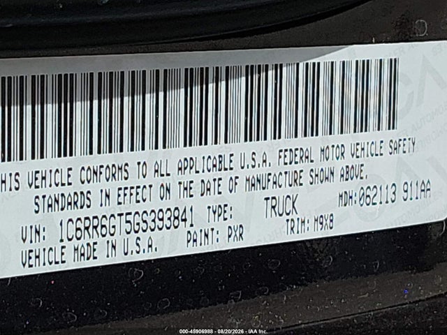 45906988 :رقم المزاد ، 1C6RR6GT5GS393841 vin ، 2016 Ram 1500 Big Horn مزاد بيع