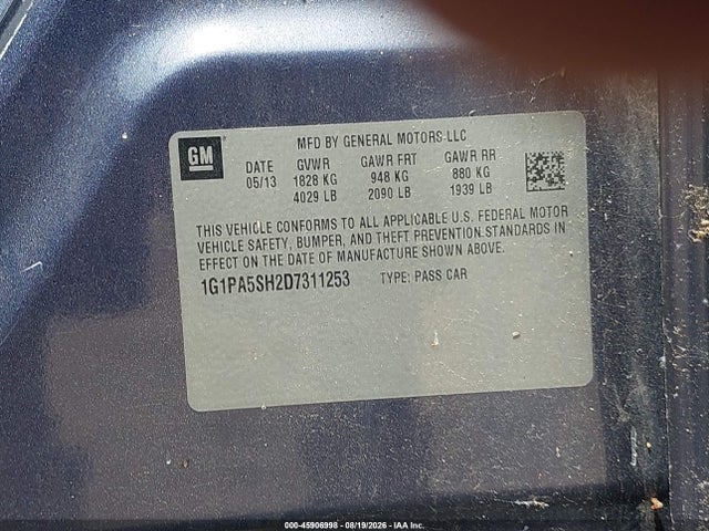 Aukcja sprzedaży 2013 Chevrolet Cruze Ls Auto, vin: 1G1PA5SH2D7311253, numer aukcji: 45906998