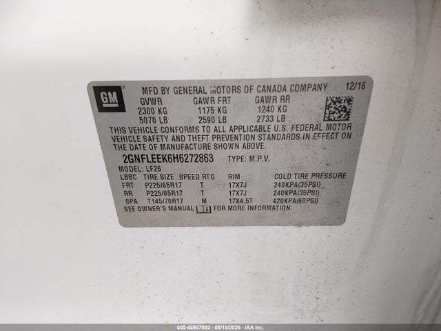Продажа на аукционе авто 2017 Chevrolet Equinox Ls, vin: 2GNFLEEK6H6272863, номер лота: 45907002