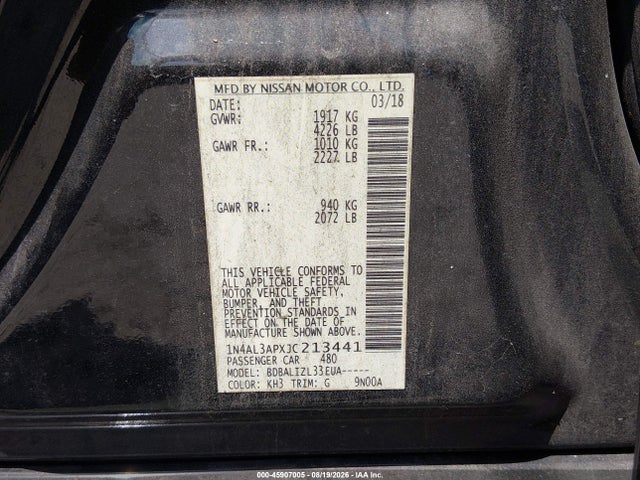 45907005 :رقم المزاد ، 1N4AL3APXJC213441 vin ، 2018 Nissan Altima 2.5 Sv مزاد بيع