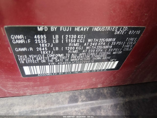 45907007 :رقم المزاد ، 4S4BSAJC2G3204918 vin ، 2016 Subaru Outback 2.5i Limited مزاد بيع
