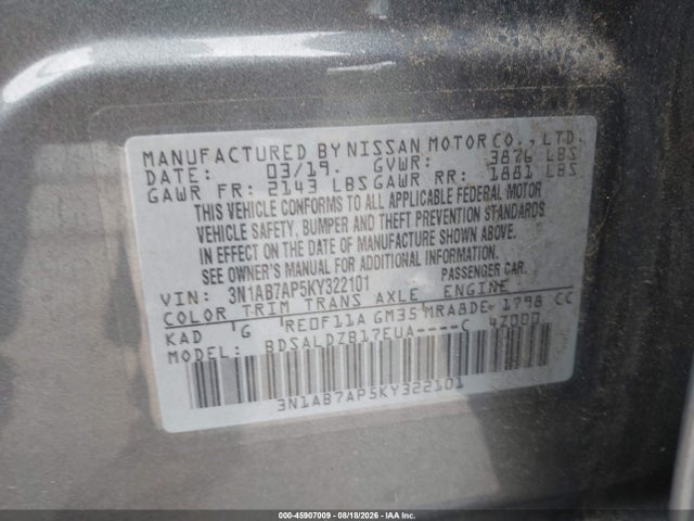 2019 Nissan Sentra Sv მანქანა იყიდება აუქციონზე, vin: 3N1AB7AP5KY322101, აუქციონის ნომერი: 45907009