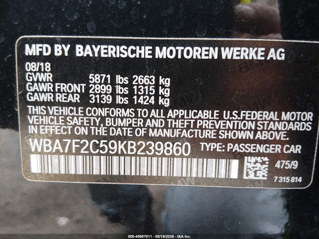 Продаж на аукціоні авто 2019 Bmw 750i Xdrive, vin: WBA7F2C59KB239860, номер лоту: 45907011