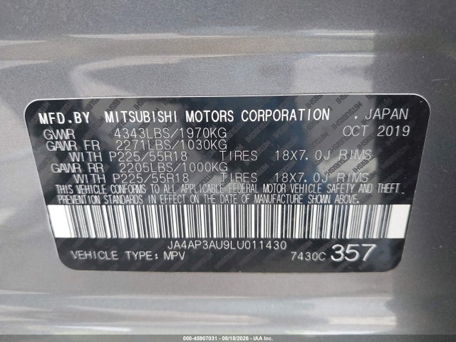 2020 Mitsubishi Outlander Sport 2.0 Es მანქანა იყიდება აუქციონზე, vin: JA4AP3AU9LU011430, აუქციონის ნომერი: 45907031