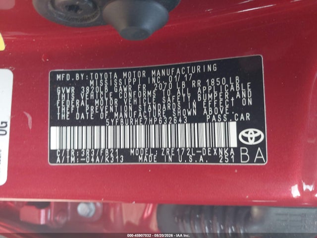 Продажа на аукционе авто 2017 Toyota Corolla Le, vin: 5YFBURHE7HP632643, номер лота: 45907032