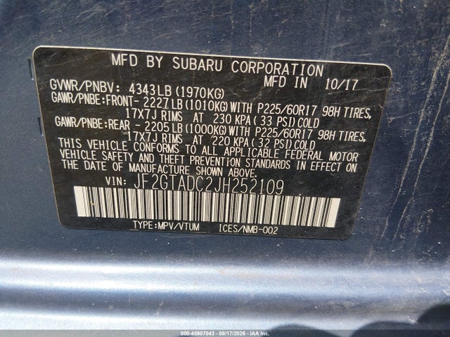 Aukcja sprzedaży 2018 Subaru Crosstrek 2.0i Premium, vin: JF2GTADC2JH252109, numer aukcji: 45907043