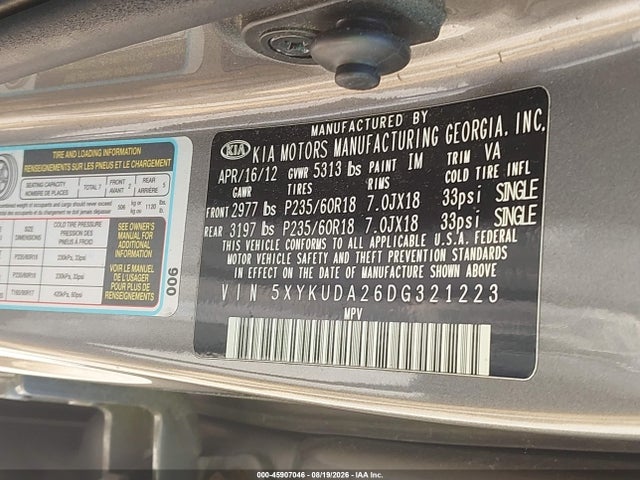 2013 Kia Sorento Ex V6 მანქანა იყიდება აუქციონზე, vin: 5XYKUDA26DG321223, აუქციონის ნომერი: 45907046