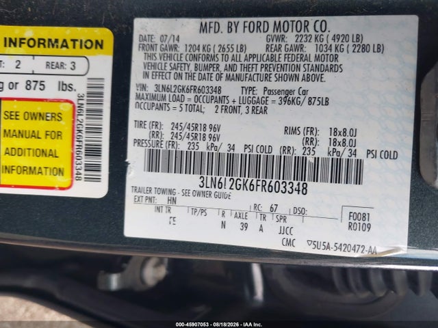 Aukcja sprzedaży 2015 Lincoln Mkz, vin: 3LN6L2GK6FR603348, numer aukcji: 45907053