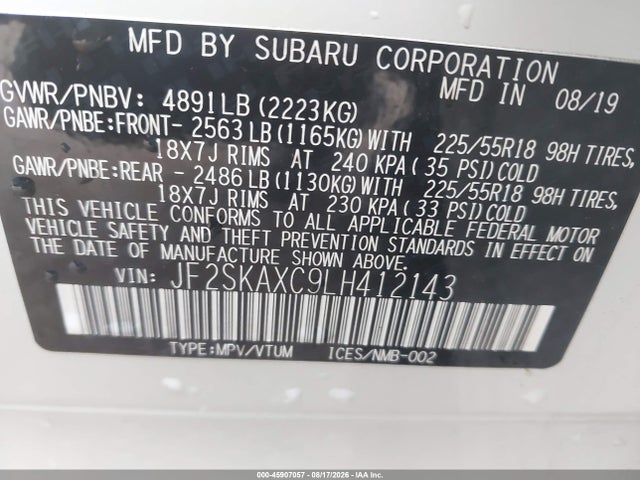 2020 Subaru Forester Touring მანქანა იყიდება აუქციონზე, vin: JF2SKAXC9LH412143, აუქციონის ნომერი: 45907057