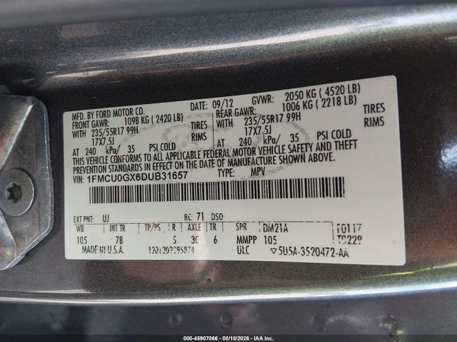 Продажа на аукционе авто 2013 Ford Escape Se, vin: 1FMCU0GX6DUB31657, номер лота: 45907066