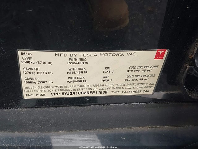 Aukcja sprzedaży 2013 Tesla Model S, vin: 5YJSA1CG2DFP14630, numer aukcji: 45907072