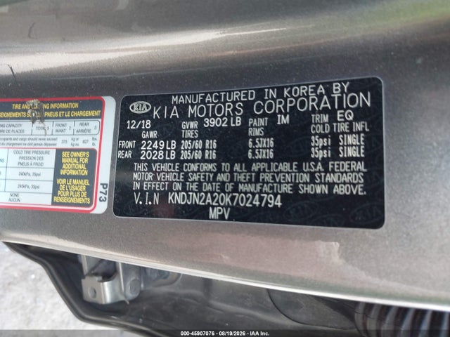 Aukcja sprzedaży 2019 Kia Soul, vin: KNDJN2A20K7024794, numer aukcji: 45907076