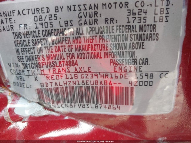 Продажа на аукционе авто 2025 Nissan Versa 1.6 Sr, vin: 3N1CN8FV8SL874864, номер лота: 45907080