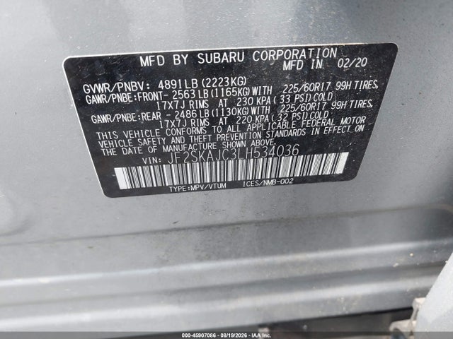 2020 Subaru Forester Premium მანქანა იყიდება აუქციონზე, vin: JF2SKAJC3LH534036, აუქციონის ნომერი: 45907086