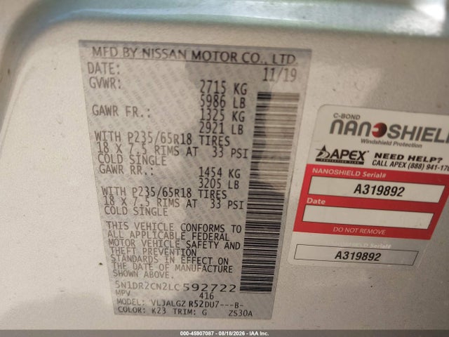 Продажа на аукционе авто 2020 Nissan Pathfinder Sl 2wd, vin: 5N1DR2CN2LC592722, номер лота: 45907087