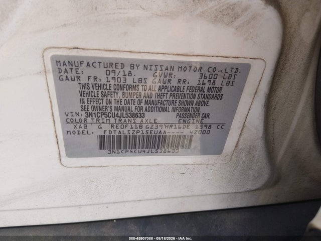 Aukcja sprzedaży 2018 Nissan Kicks Sv, vin: 3N1CP5CU4JL538633, numer aukcji: 45907088