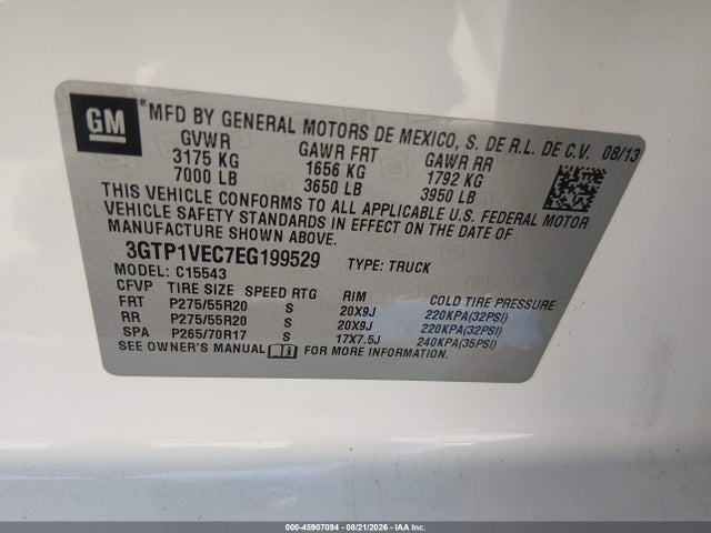 45907094 :رقم المزاد ، 3GTP1VEC7EG199529 vin ، 2014 Gmc Sierra 1500 Slt مزاد بيع