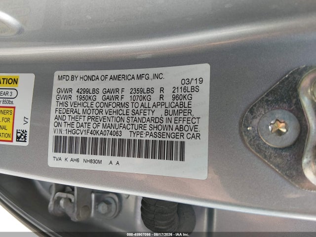 Продажа на аукционе авто 2019 Honda Accord Ex, vin: 1HGCV1F40KA074063, номер лота: 45907098