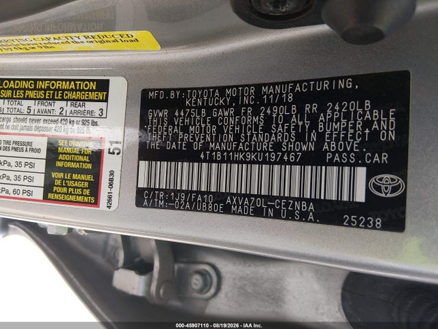 4T1B11HK9KU197467 Toyota CAMRY LE