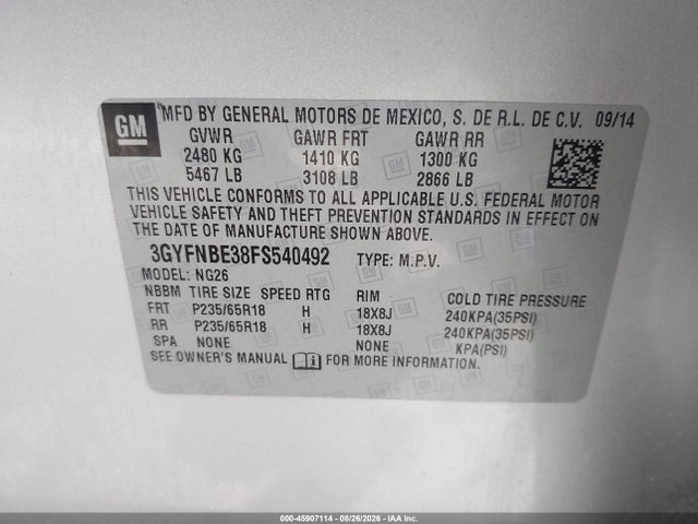 45907114 :رقم المزاد ، 3GYFNBE38FS540492 vin ، 2015 Cadillac Srx Luxury Collection مزاد بيع