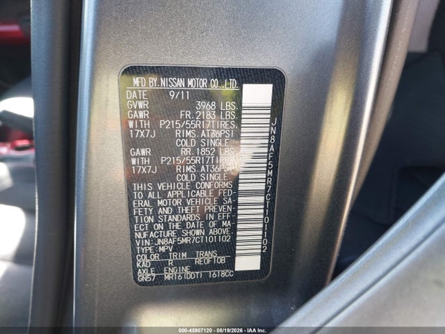 Продажа на аукционе авто 2012 Nissan Juke Sl, vin: JN8AF5MR7CT101102, номер лота: 45907120