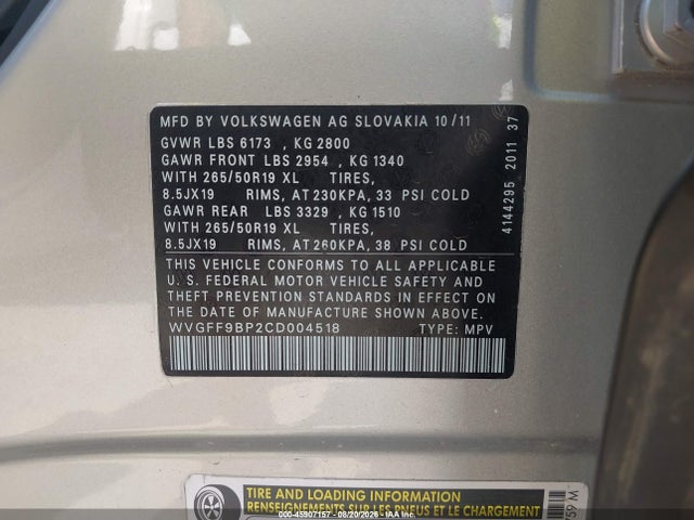 2012 Volkswagen Touareg Vr6 Lux მანქანა იყიდება აუქციონზე, vin: WVGFF9BP2CD004518, აუქციონის ნომერი: 45907157