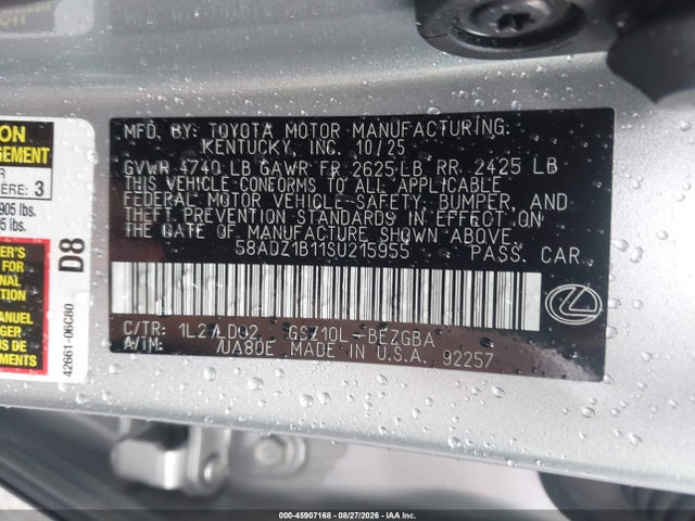 2025 Lexus Es 350 მანქანა იყიდება აუქციონზე, vin: 58ADZ1B11SU215955, აუქციონის ნომერი: 45907168
