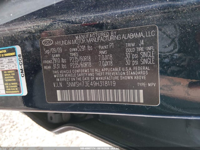 2009 Hyundai Santa Fe Se მანქანა იყიდება აუქციონზე, vin: 5NMSH73E49H318119, აუქციონის ნომერი: 45907174