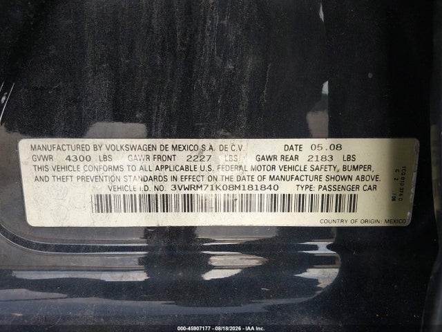Aukcja sprzedaży 2008 Volkswagen Jetta Se/sel, vin: 3VWRM71K08M181840, numer aukcji: 45907177