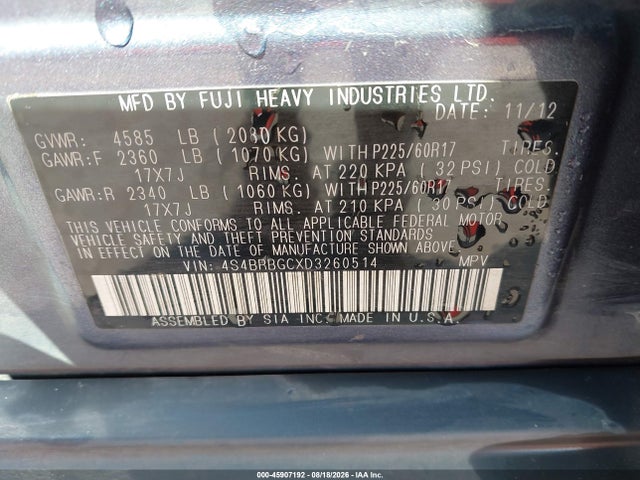 45907192 :رقم المزاد ، 4S4BRBGCXD3260514 vin ، 2013 Subaru Outback 2.5i Premium مزاد بيع