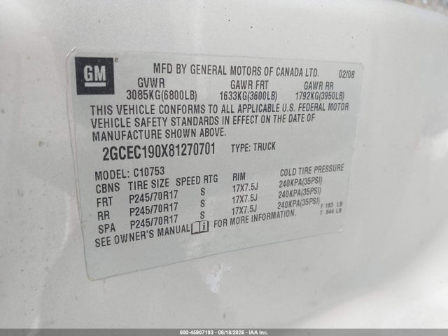 45907193 :رقم المزاد ، 2GCEC190X81270701 vin ، 2008 Chevrolet Silverado 1500 Work Truck مزاد بيع