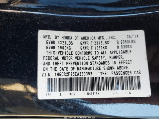45907198 :رقم المزاد ، 1HGCR2F75EA233393 vin ، 2014 Honda Accord Ex مزاد بيع