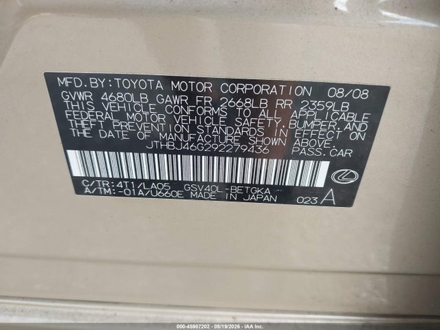 Aukcja sprzedaży 2009 Lexus Es 350, vin: JTHBJ46G292279436, numer aukcji: 45907202