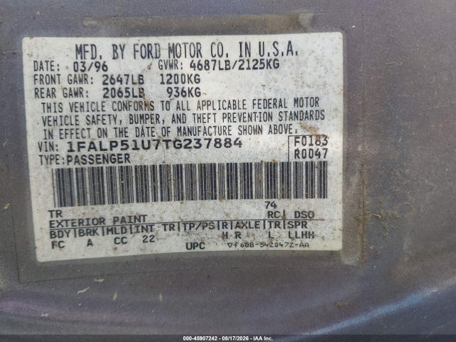 45907242 :رقم المزاد ، 1FALP51U7TG237884 vin ، 1996 Ford Taurus G مزاد بيع