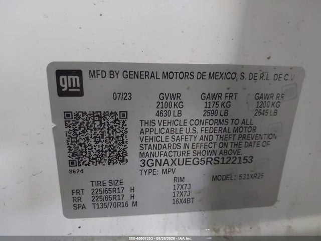 45907253 :رقم المزاد ، 3GNAXUEG5RS122153 vin ، 2024 Chevrolet Equinox Awd Lt مزاد بيع