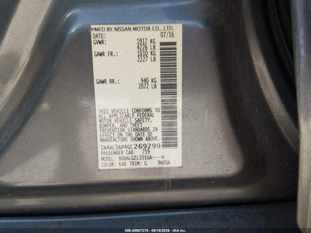 Aukcja sprzedaży 2016 Nissan Altima 2.5 S, vin: 1N4AL3AP4GC269299, numer aukcji: 45907278