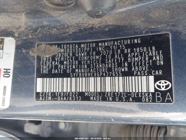 5YFBURHEXGP427655 Toyota Corolla S Plus