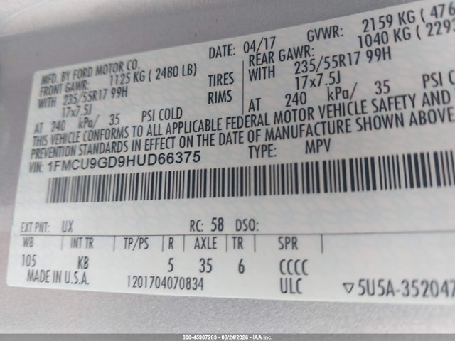 2017 Ford Escape Se მანქანა იყიდება აუქციონზე, vin: 1FMCU9GD9HUD66375, აუქციონის ნომერი: 45907283