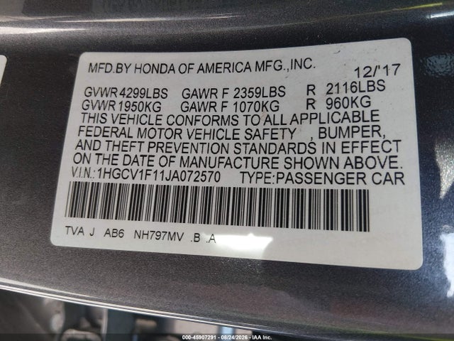 2018 Honda Accord Lx მანქანა იყიდება აუქციონზე, vin: 1HGCV1F11JA072570, აუქციონის ნომერი: 45907291