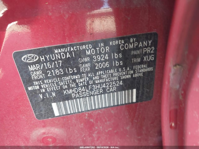 45907292 :رقم المزاد ، KMHD84LF3HU422524 vin ، 2017 Hyundai Elantra Se مزاد بيع