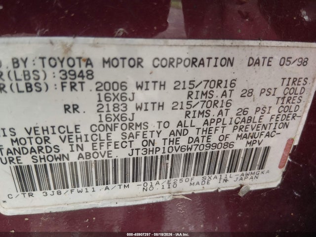45907297 :رقم المزاد ، JT3HP10V6W7099086 vin ، 1998 Toyota Rav4 مزاد بيع