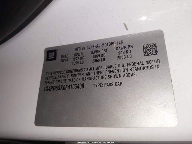 2015 Buick Verano Convenience Group მანქანა იყიდება აუქციონზე, vin: 1G4PR5SK0F4106400, აუქციონის ნომერი: 45907302