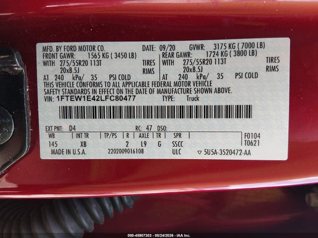 45907303 :رقم المزاد ، 1FTEW1E42LFC80477 vin ، 2020 Ford F-150 Xlt مزاد بيع