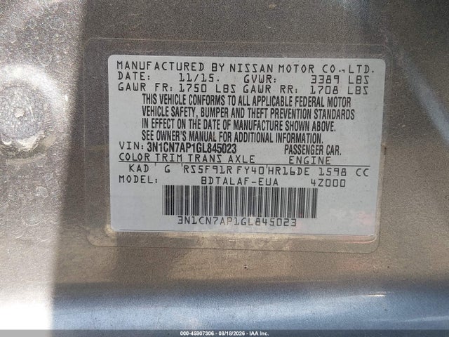 2016 Nissan Versa 1.6 S მანქანა იყიდება აუქციონზე, vin: 3N1CN7AP1GL845023, აუქციონის ნომერი: 45907306