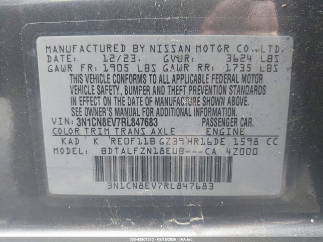 45907313 :رقم المزاد ، 3N1CN8EV7RL847683 vin ، 2024 Nissan Versa 1.6 Sv مزاد بيع