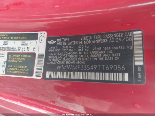 Продажа на аукционе авто 2009 Mini Cooper, vin: WMWMF33549TT69056, номер лота: 45907341